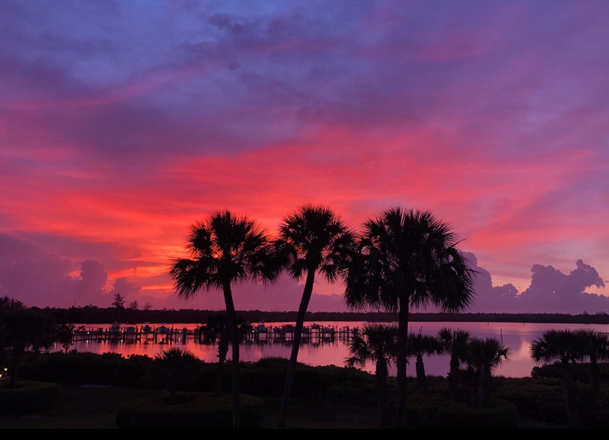 Palm-framed sunset over the Intracoastal from the community dock